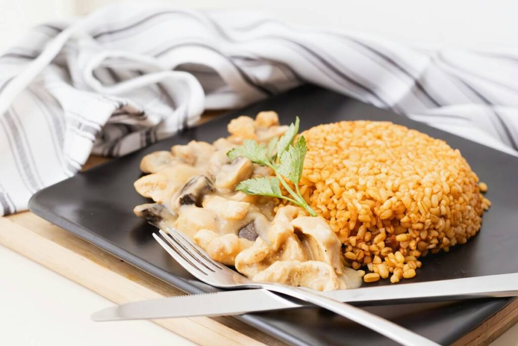 a plate of food with a fork and knife
