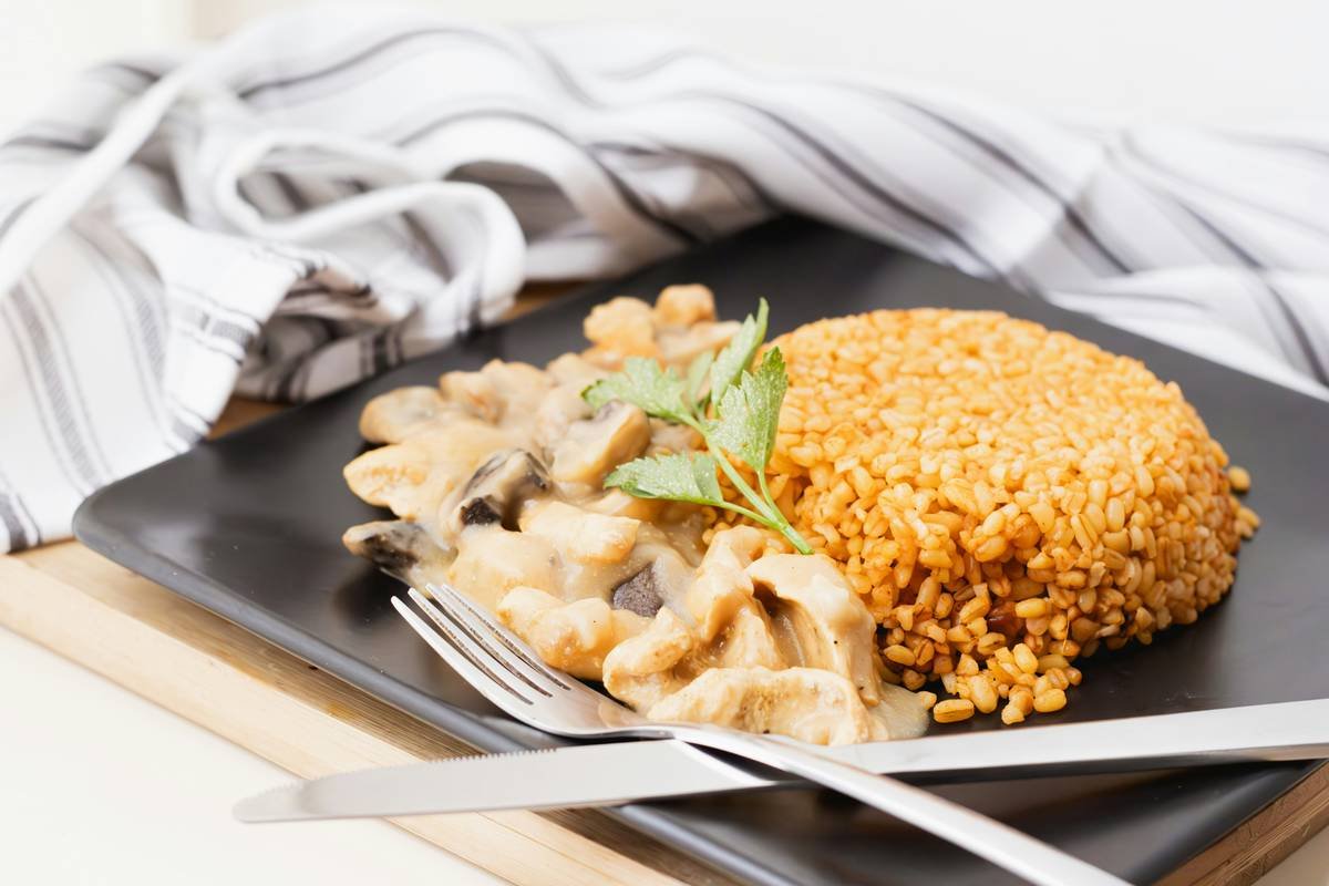 a plate of food with a fork and knife