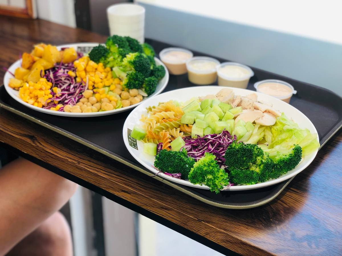 Salad - Getting a healthy breakfast is the start of a good day. Ingredients: - Twisted Pasta - Brocolli - Cucumber - Purple Cabbage - Normal Cabbage - Mayonnaise - Mustard Sauce - Chicken Breast - Corn - Roasted Potatoes - Chickpeas - Yoghurt