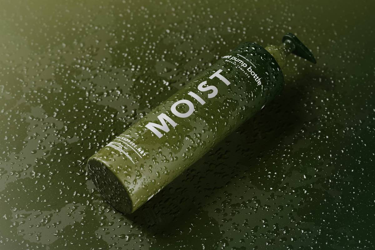 Wet Pump Bottle Mockups, plastic cosmetic pump bottle with water drop mockups. Download from https://mockupfree.net